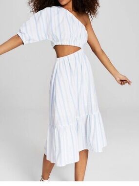 One-Shoulder Cutout Midi Dress in Light Blue Stripe